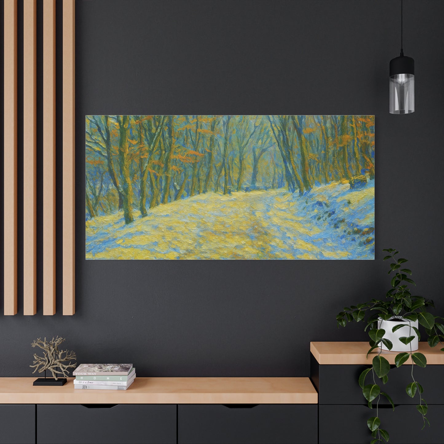 Winter landscape canvas wall art by Printify featuring a cozy nature scene, ideal for living room decor.