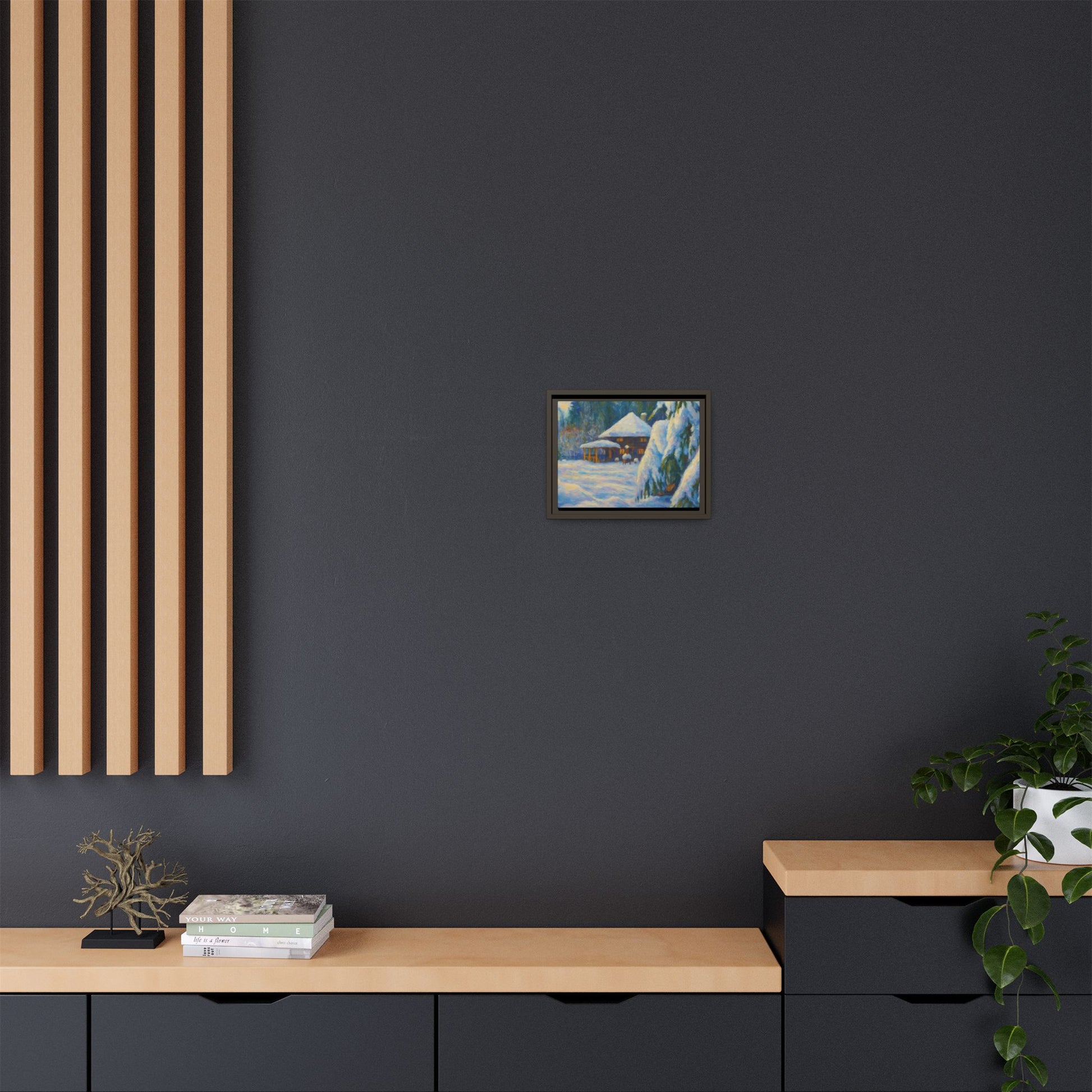 Framed matte canvas wall art featuring a snowy cabin winter landscape with trees and a peaceful winter scene.
