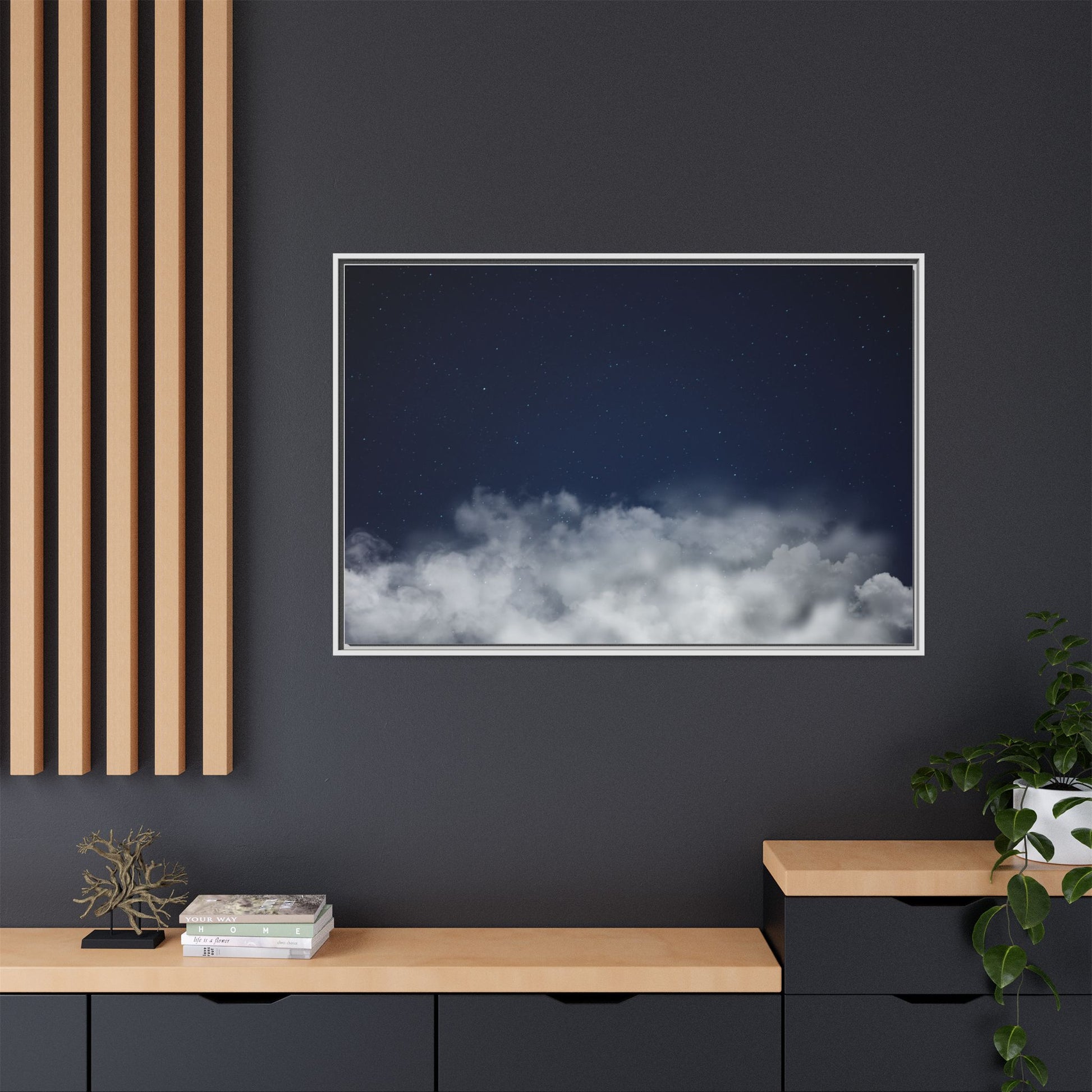 Night Sky Clouds matte canvas framed wall art featuring starry sky and cloud details by Printify