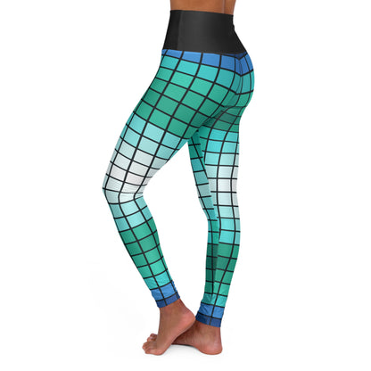 Teal Gradient Grid Leggings High Waisted Yoga Leggings | All-Over Print