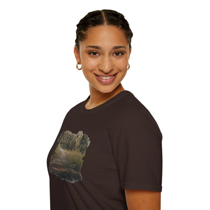 Vintage forest landscape T-shirt by Printify featuring a natural pathway design on a casual cotton tee.