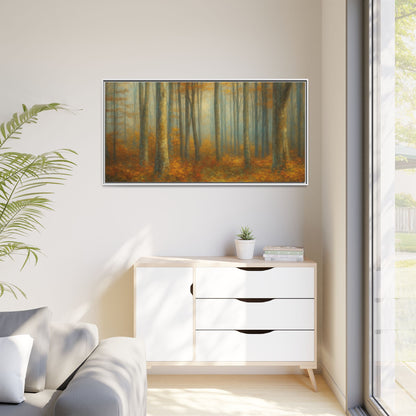 Framed autumn forest canvas print depicting a misty woodland scene, wall art suitable for nature-inspired interior decor.