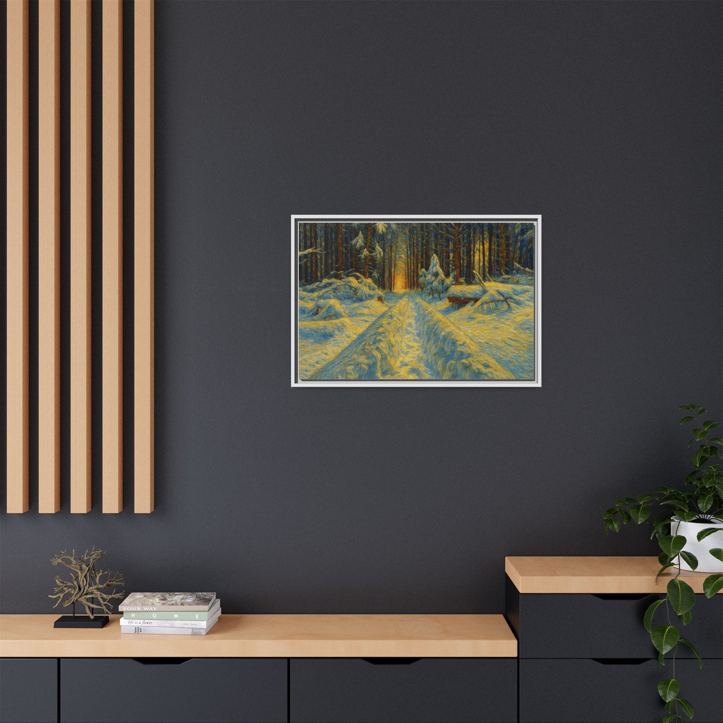 Framed matte canvas print of a snowy forest path at sunset, wall art by Printify showcasing winter landscape scenery.