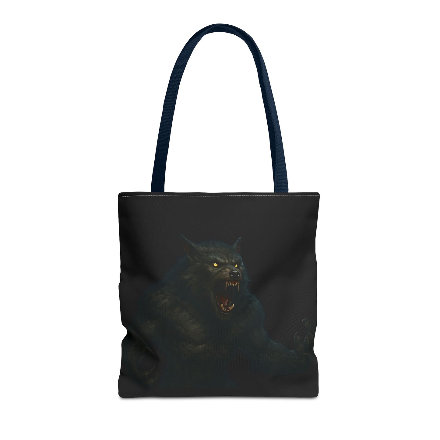 Werewolf tote bag featuring dark Halloween art, ideal gift for horror fans, made by Printify, shown with spooky design and sturdy handles.