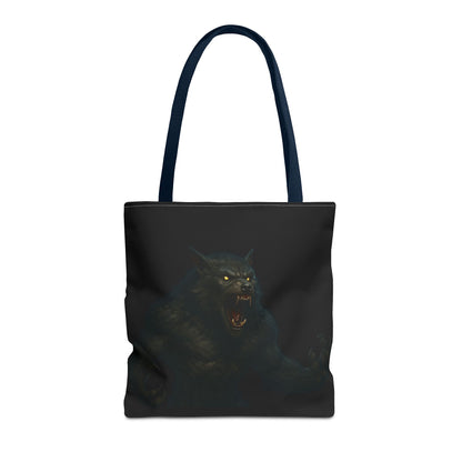 Werewolf tote bag featuring dark Halloween art, ideal gift for horror fans, made by Printify, shown with spooky design and sturdy handles.
