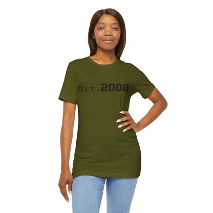 Black graphic T-shirt by Printify with "Established 2008" and minimal design, casual fit, on a plain background.