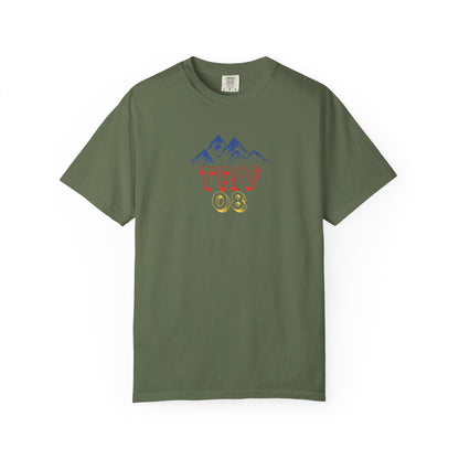Unisex garment-dyed T-shirt with printify logo, soft fabric, casual fit, and simple design in a versatile style.
