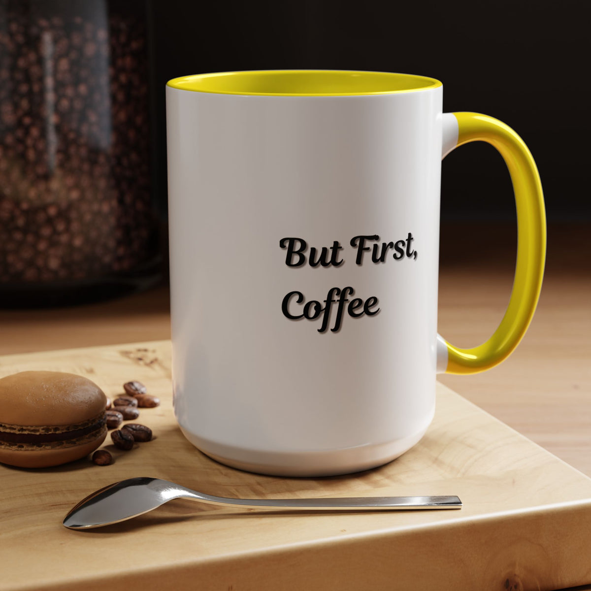 Black handle and rim coffee mug with "But First Coffee" text, 11oz size, designed by Printify.