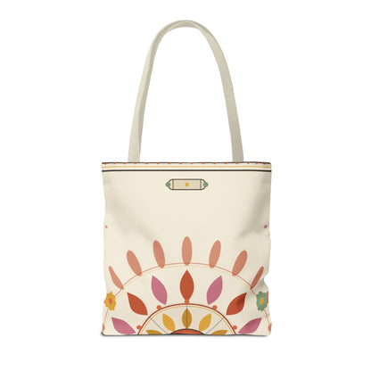 Boho floral mandala tote bag with pastel sunburst pattern, featuring a colorful, artistic bag design by Printify.