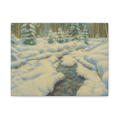 Snowy forest stream winter landscape canvas wall art by Printify showing a tranquil snow-covered forest scene with a flowing stream.