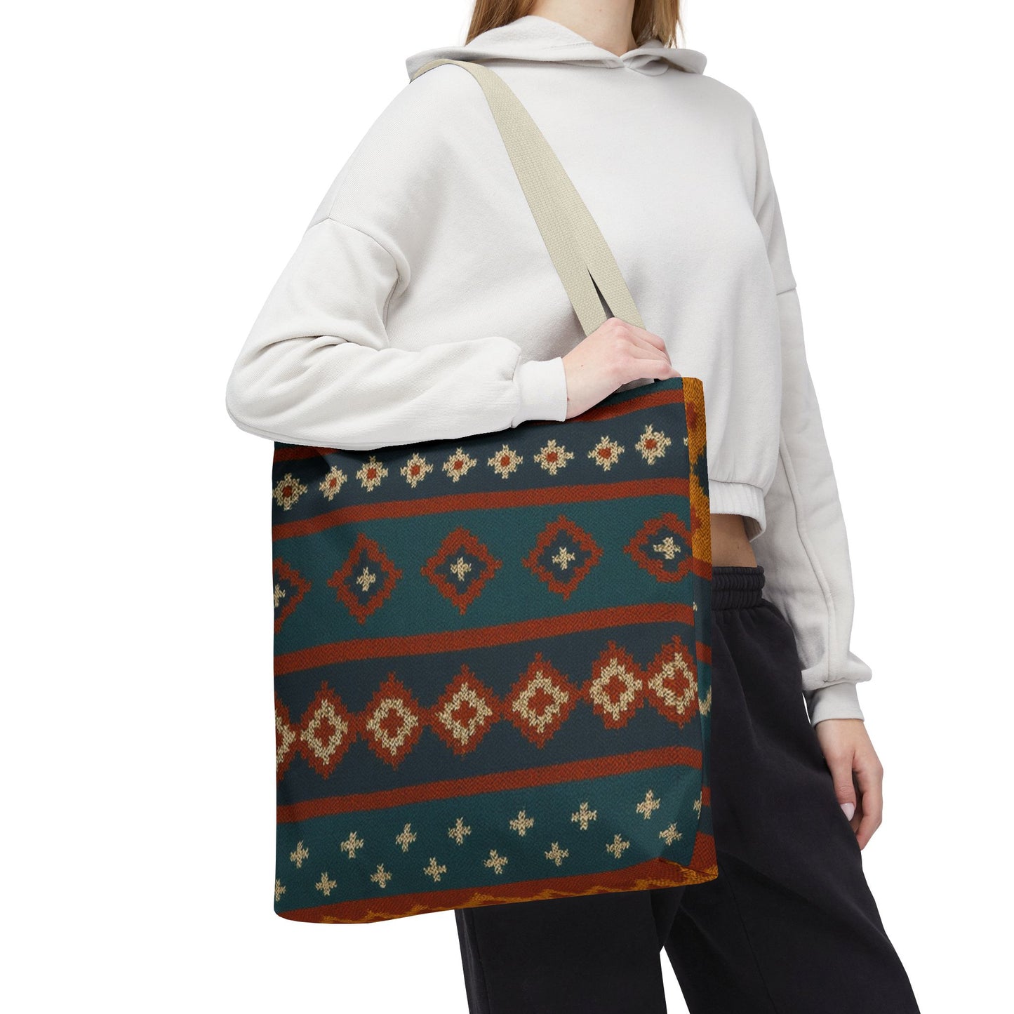 Southwestern diamond pattern tote bag with Aztec tribal geometric print, made by Printify, featuring vibrant design and sturdy handles.
