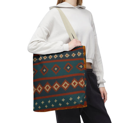 Southwestern diamond pattern tote bag with Aztec tribal geometric print, made by Printify, featuring vibrant design and sturdy handles.