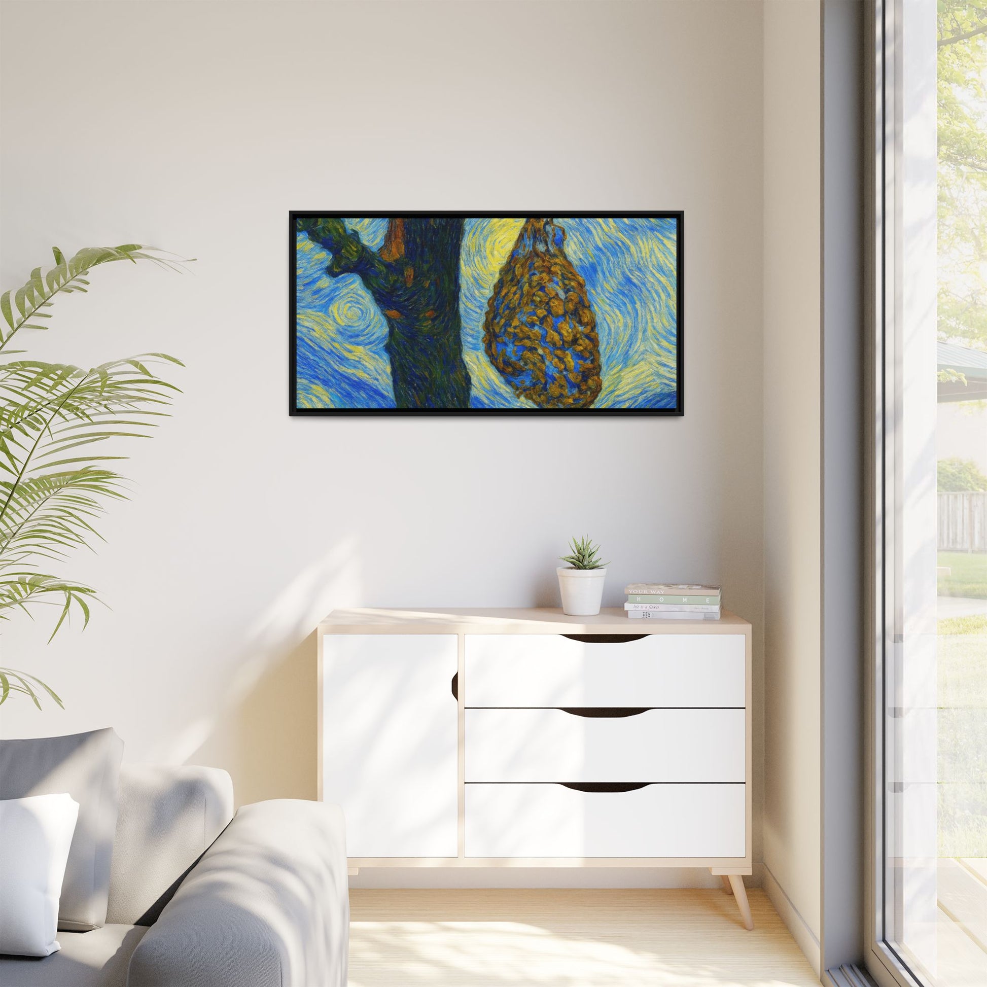 Framed matte canvas art of a starry nut cluster with dried plum in a tree, by Printify, showcasing detailed natural imagery.