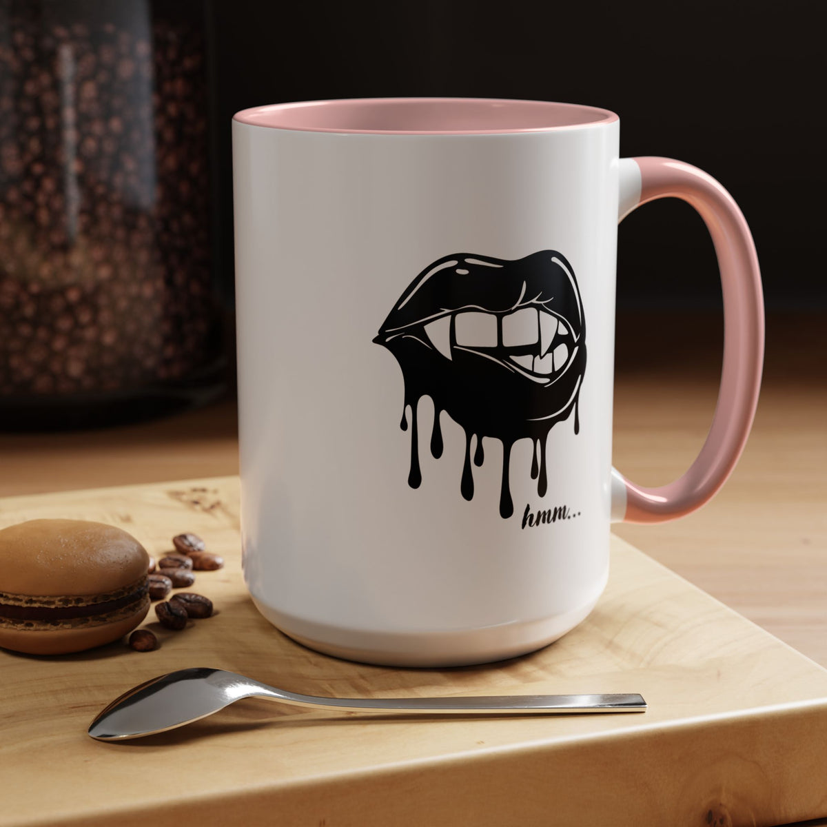 Black drip lips graphic coffee mug with bite mark, 11oz or 15oz, featuring bold print design on ceramic mug.