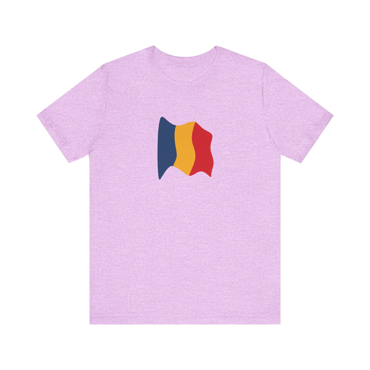 Romania flag T-shirt by Printify featuring a minimal waving tricolor design, made of comfortable fabric, perfect for casual wear.
