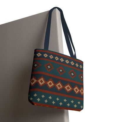 Southwestern diamond pattern tote bag with Aztec tribal geometric print by Printify, showing sturdy fabric and vibrant tribal design.