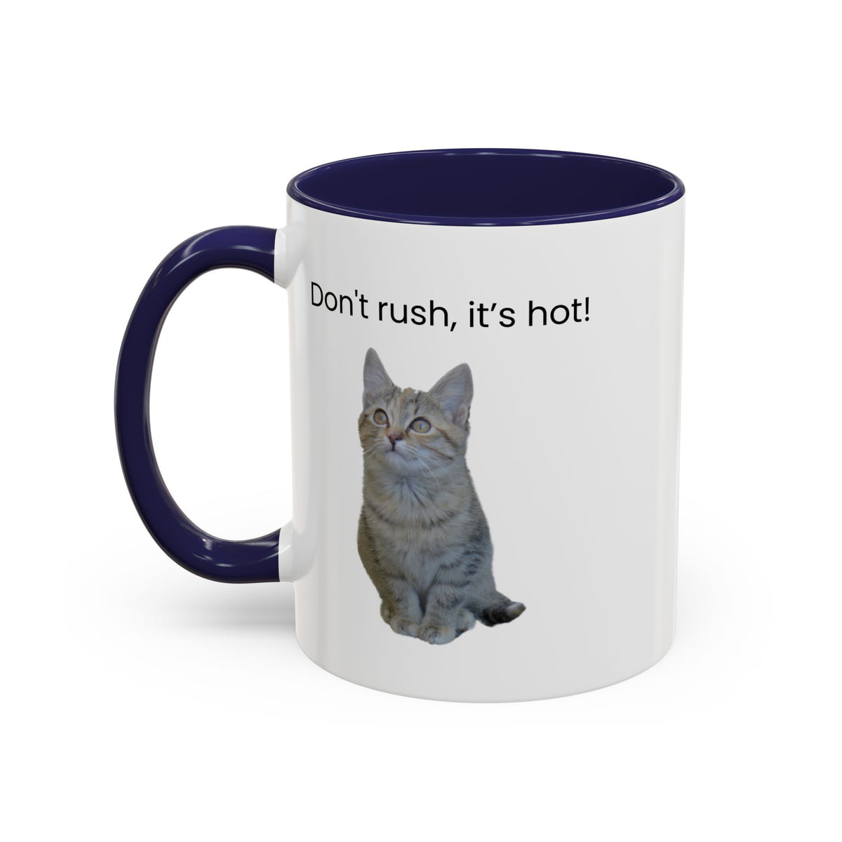 Ceramic cat coffee mug with "Don't rush, it's hot!" quote, 11 oz, featuring a playful cat design on a white background.