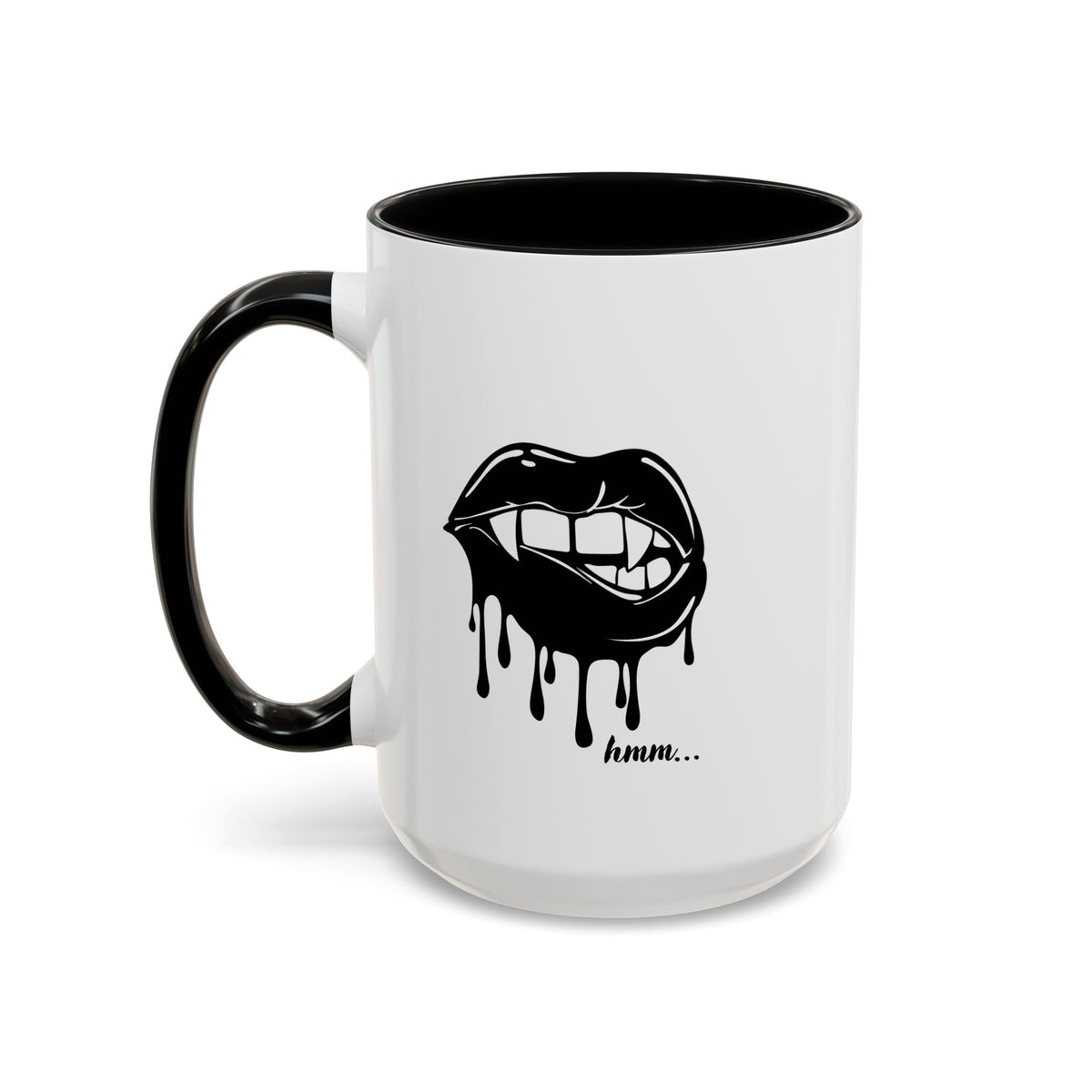Black accent Dripping Bite coffee mug by Printify, 11oz or 15oz size, with a unique dripping design on a ceramic mug.