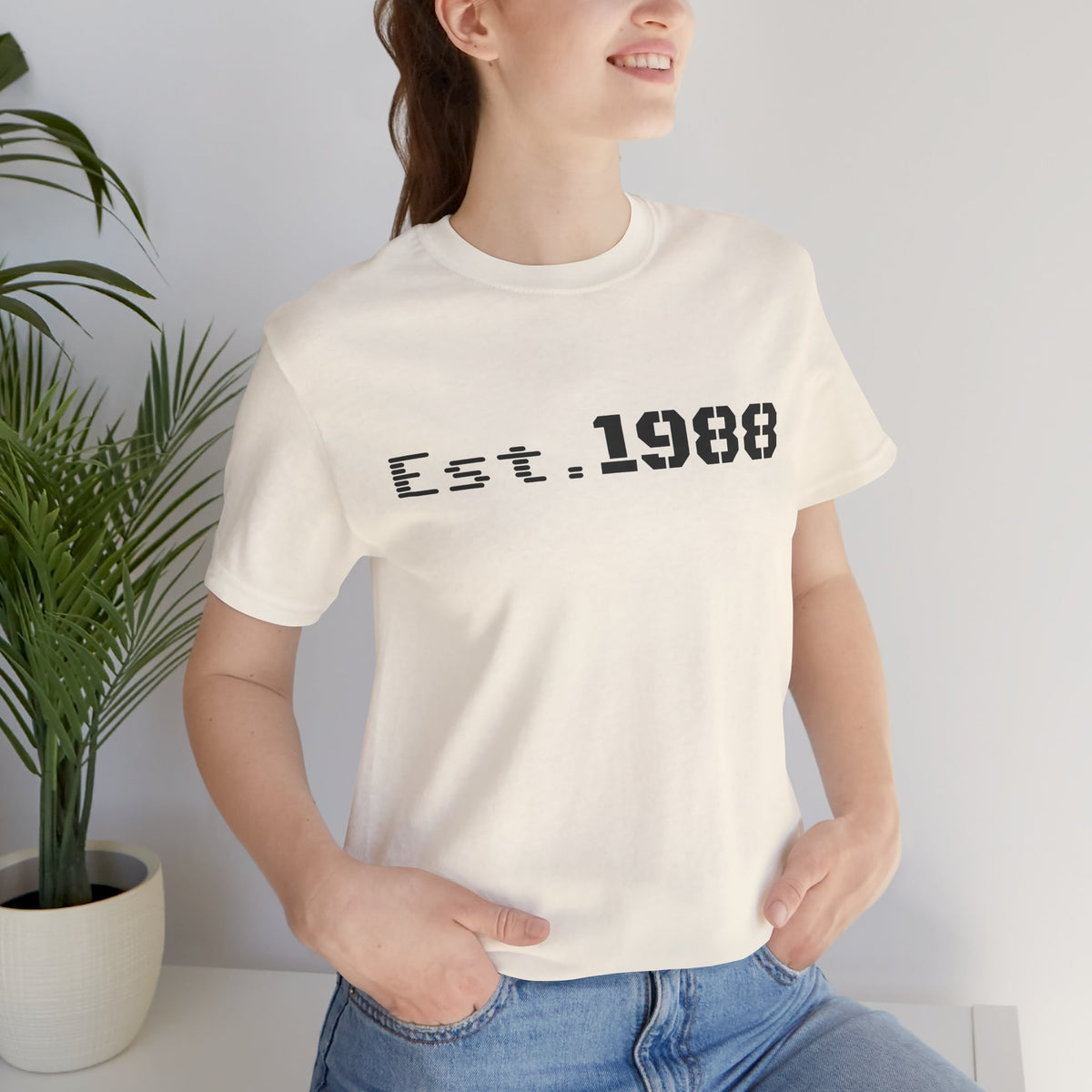 Black retro logo print T-shirt by Printify with "Est. 1988" design, casual crew neck style, front view.