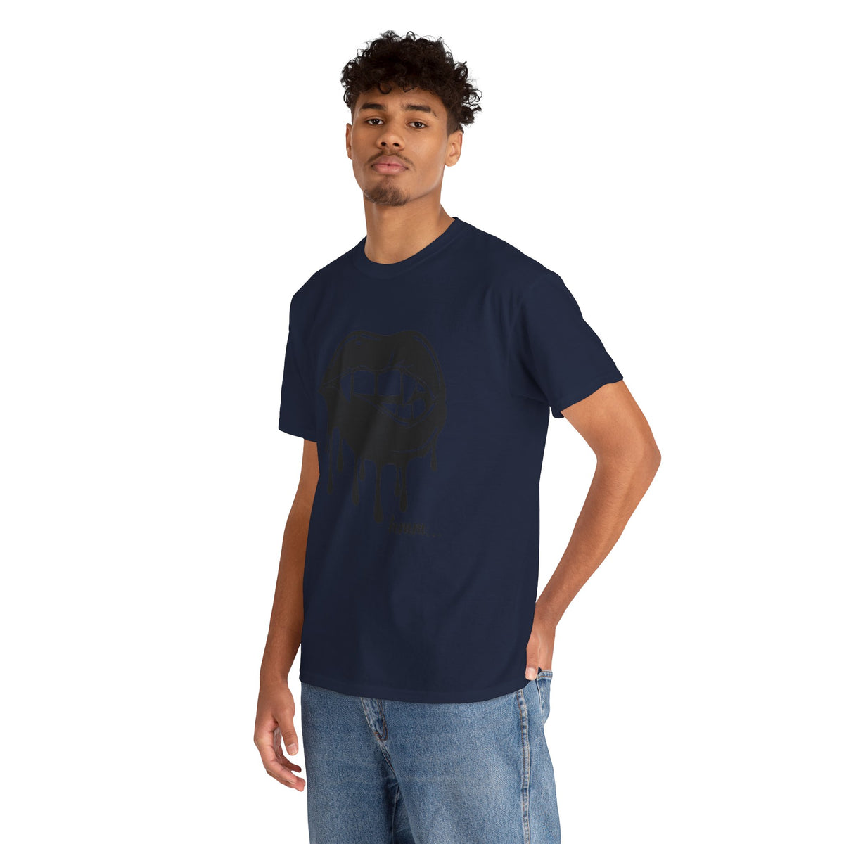 Graphic tee featuring dripping lips with "hmm..." bite design, printed on a stylish black T-shirt by Printify.