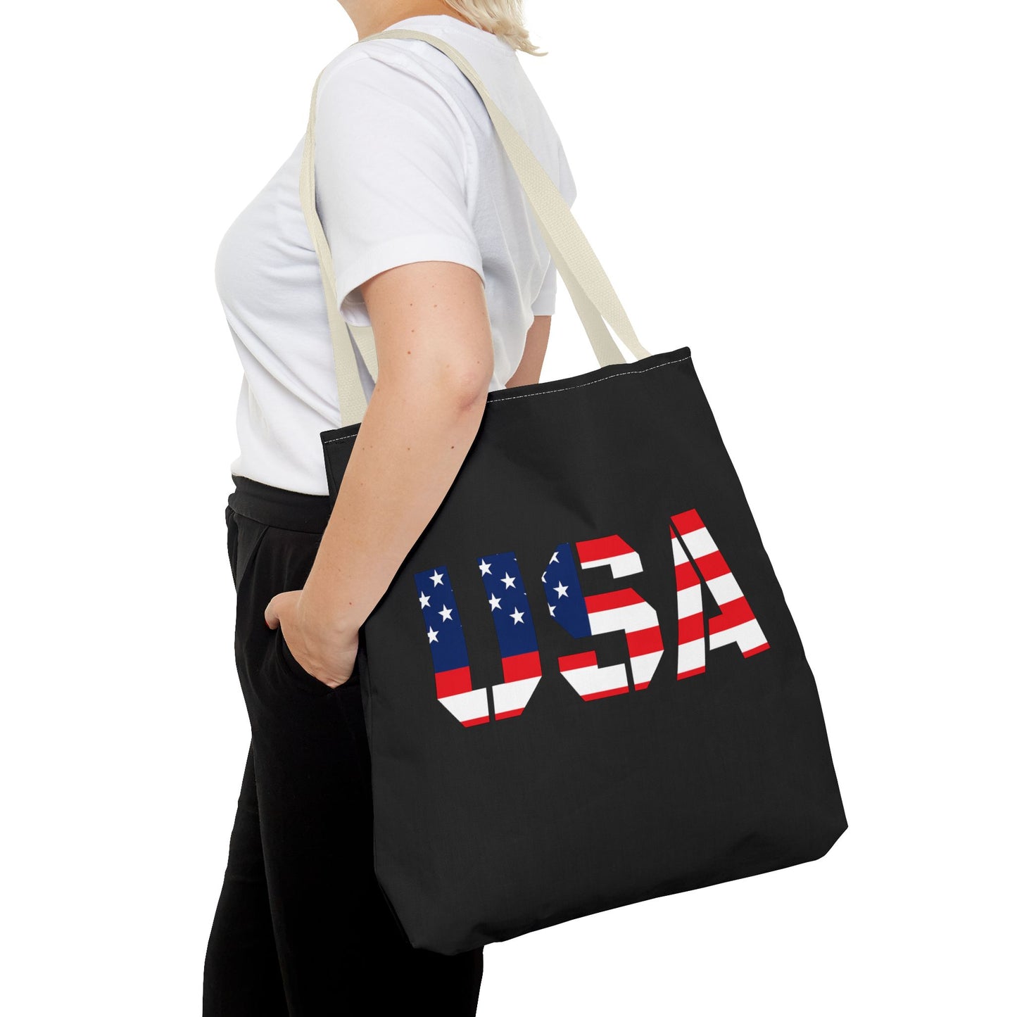 USA flag tote bag by Printify, reusable summer carryall with patriotic stars and stripes for 4th of July celebrations.