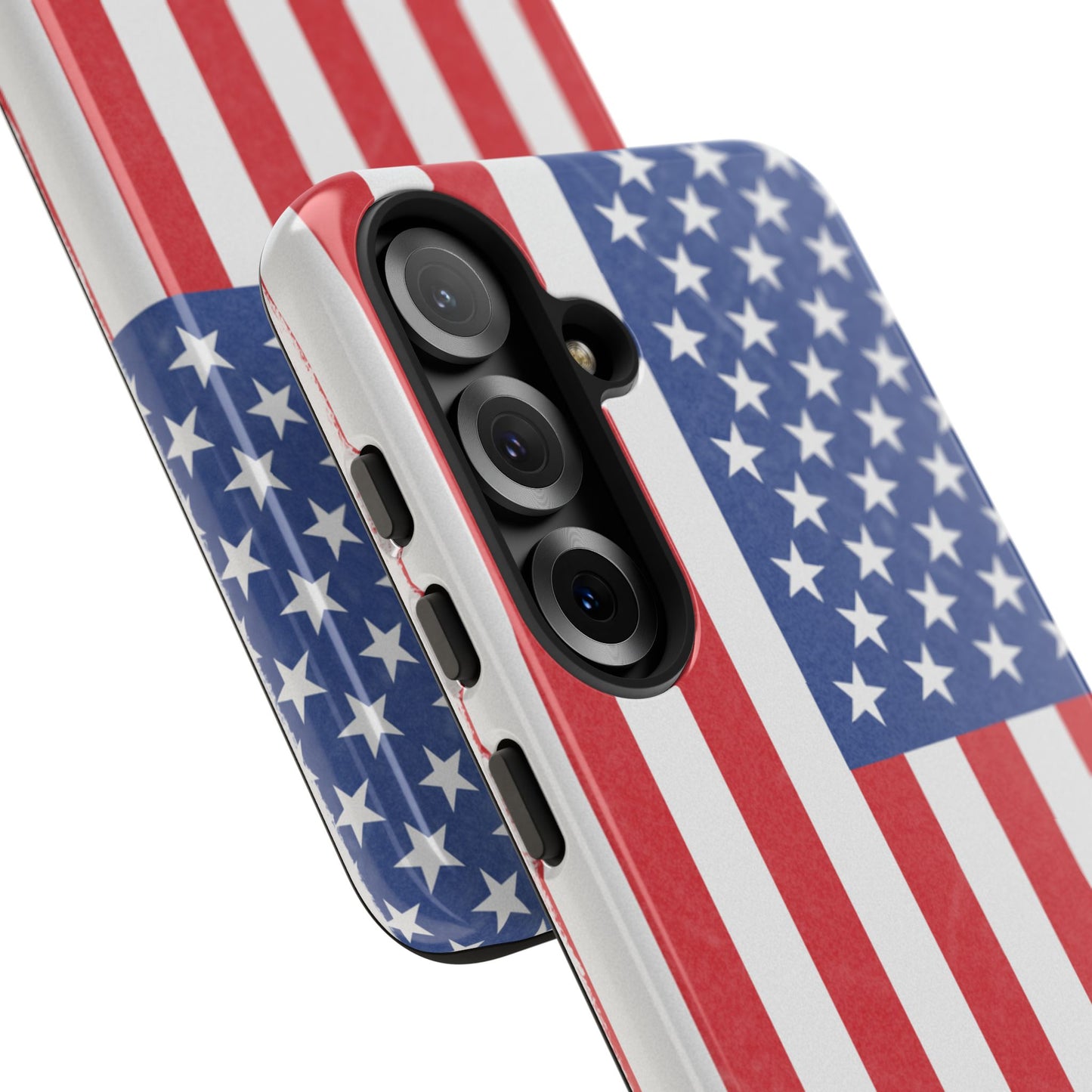 Durable American flag phone case for iPhone with patriotic design, made by Printify, providing rugged protection.
