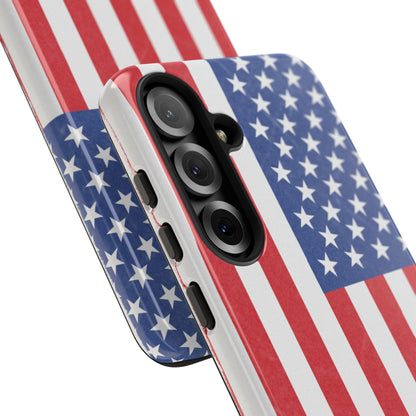 Durable American flag phone case for iPhone with patriotic design, made by Printify, providing rugged protection.