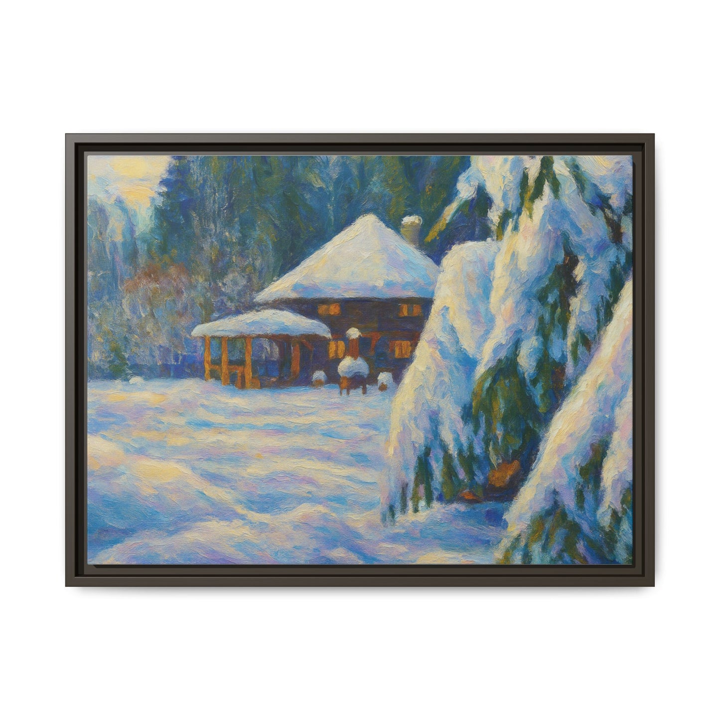 Framed matte canvas print of a snowy cabin winter landscape wall art by Printify, showcasing a cozy cabin surrounded by snow.