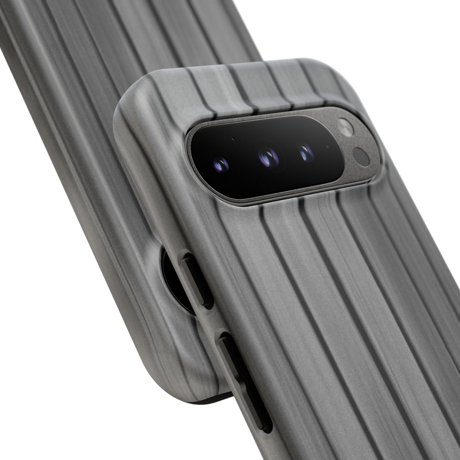 Ribbed metal texture phone case for iPhone with tough protective design, featuring a sleek, modern look from Printify.