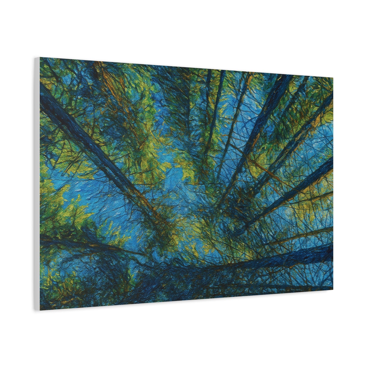 Forest Canopy Matte Canvas Wall Art — Upward View of Trees, Blue & Green Nature Print