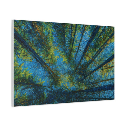 Forest Canopy Matte Canvas Wall Art — Upward View of Trees, Blue & Green Nature Print