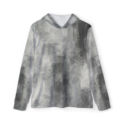 Men's gray all-over print warmup hoodie by Printify, athletic pullover for gym and casual wear.