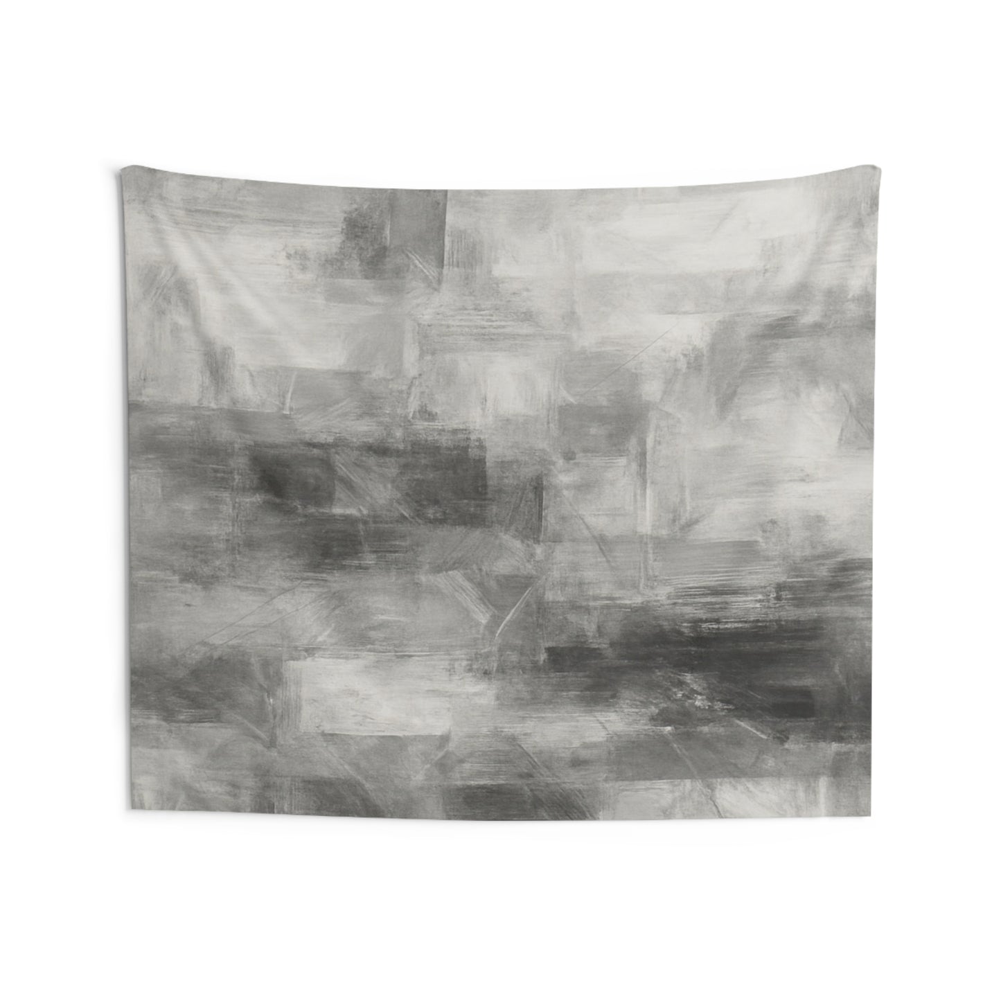 Black and white minimalist wall tapestry hanging in a bedroom or living room, showcasing modern decor by Printify.
