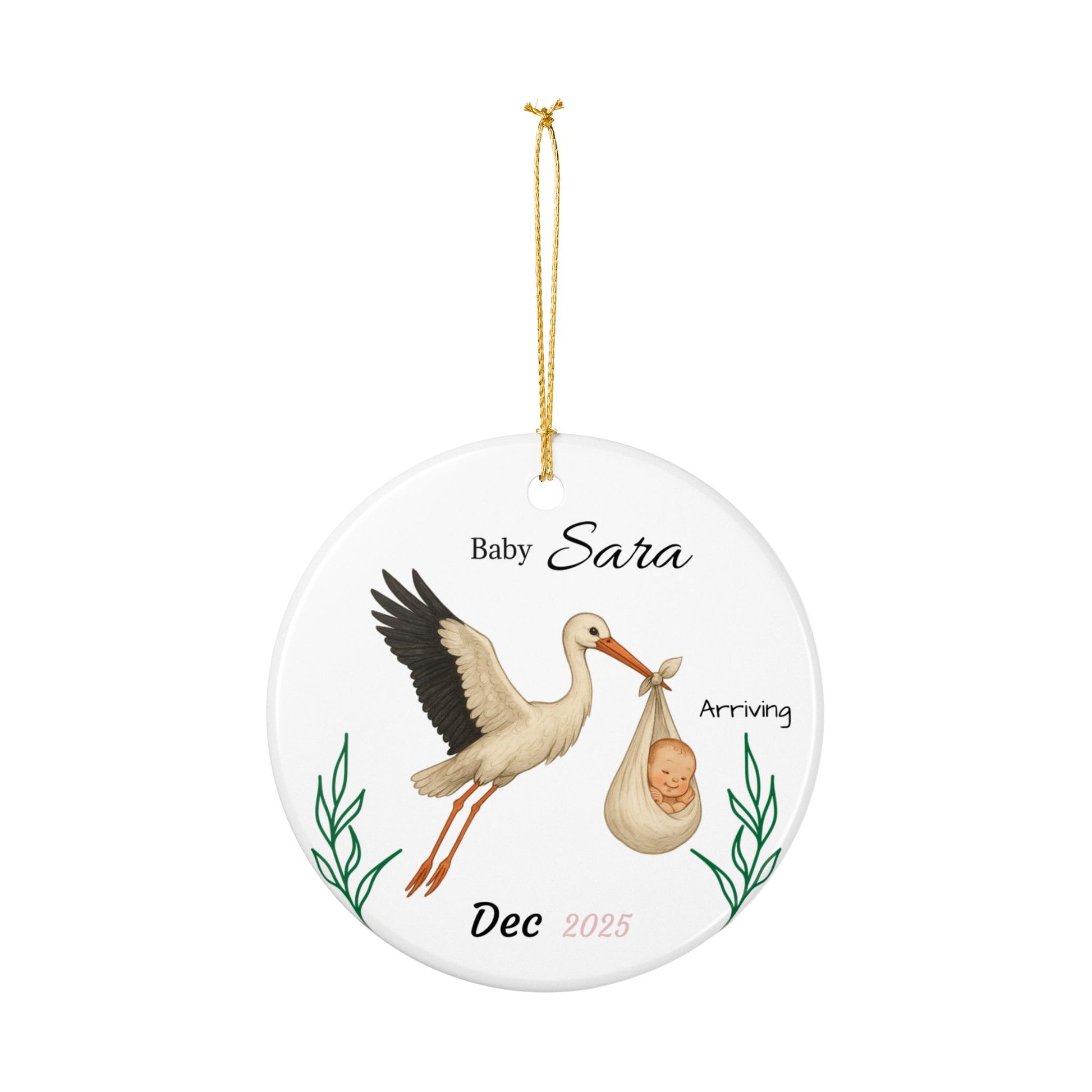 Stork with Baby, Personalized Name and Due Date Ornament Ceramic Ornament - TRV