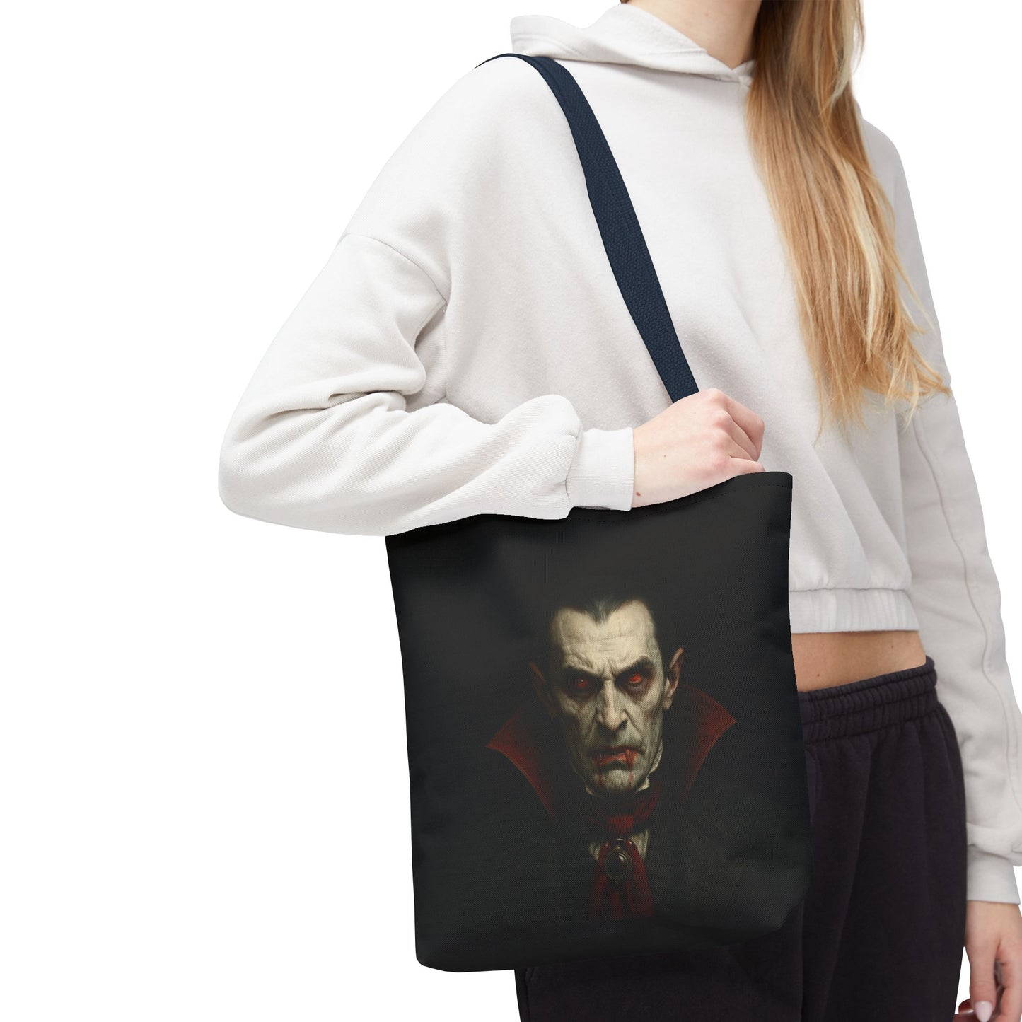 Black vampire tote bag with spooky gothic design, ideal for Halloween accessories, featuring printify branding on the bag.