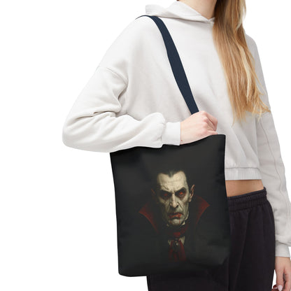 Black vampire tote bag with spooky gothic design, ideal for Halloween accessories, featuring printify branding on the bag.