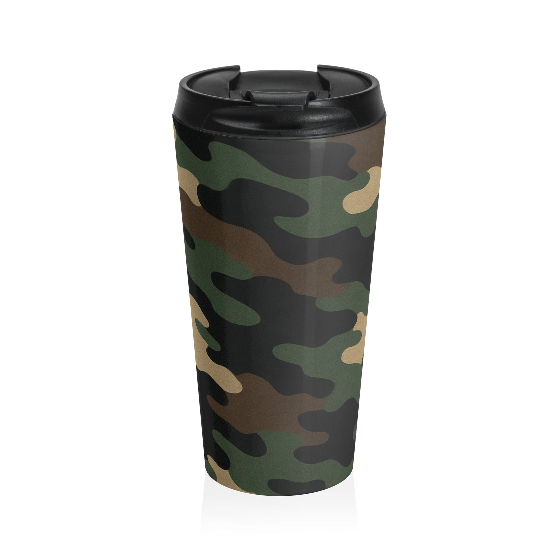 Camo stainless steel travel mug with a printed camouflage pattern, designed for on-the-go drinking and durability.