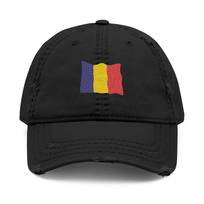 Distressed embroidered dad hat with Romanian flag patch, casual hat made by Printify, featuring a curved brim and adjustable strap.