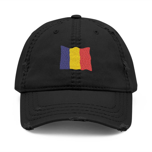 Distressed embroidered dad hat with Romanian flag patch, casual hat made by Printify, featuring a curved brim and adjustable strap.