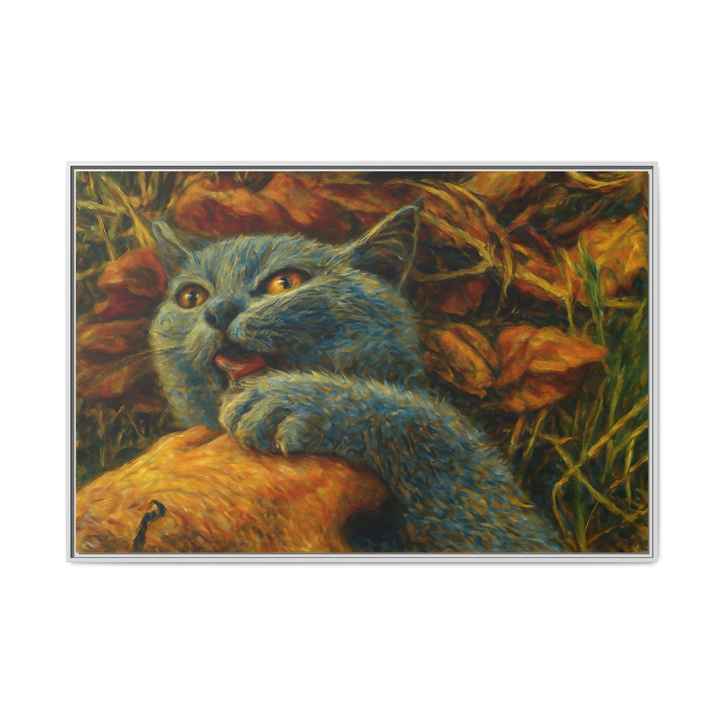 Blue cat canvas print featuring whimsical wall art, ideal gift for cat lovers, printed on high-quality canvas by Printify.