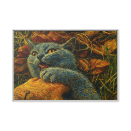 Blue cat canvas print featuring whimsical wall art, ideal gift for cat lovers, printed on high-quality canvas by Printify.