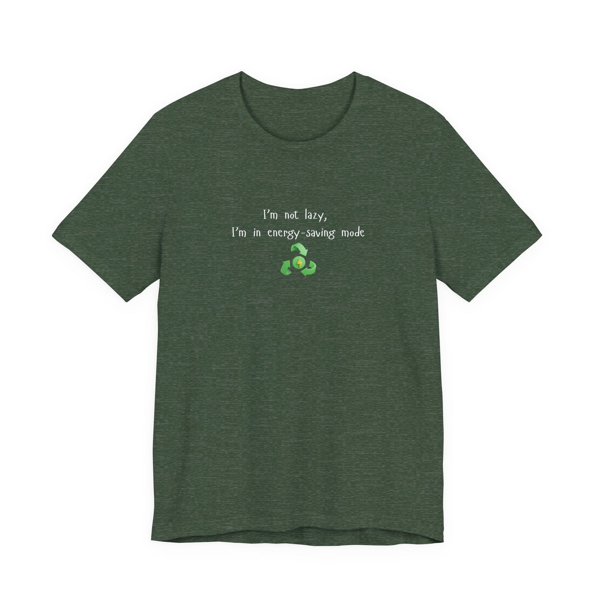 Eco-friendly mock T-shirt from Printify featuring humorous "I’m Not Lazy, I’m an Energy-Saving Mock" design on a casual tee.