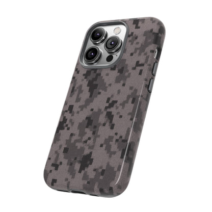 Gray digital camouflage phone case by Printify, featuring rugged protection and tough design for smartphones.