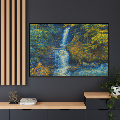 Framed matte canvas print of impressionist waterfall wall art by Printify, showcasing vibrant water and natural scenery.