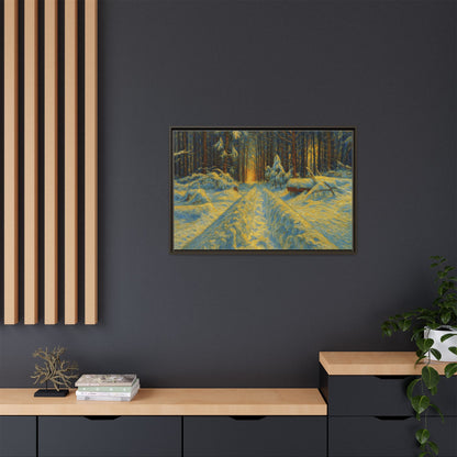 Framed matte canvas print of a snowy forest path at sunset, wall art by Printify showcasing winter landscape and natural scenery.