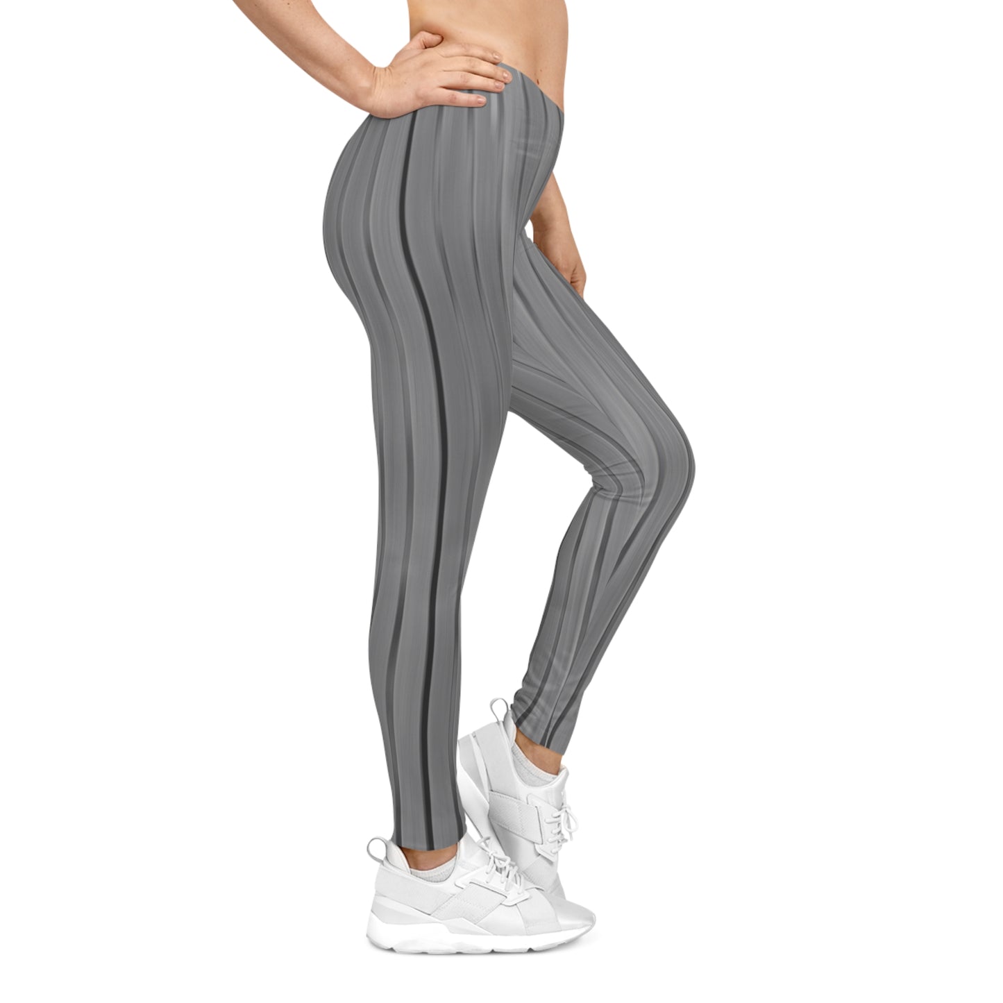 Gray pleated textured leggings with all-over print for women, featuring a casual, stylish design from Printify.