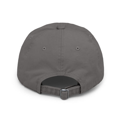 Distressed baseball cap with silhouette batter design, casual hat by Printify featuring a worn, vintage style and adjustable strap.