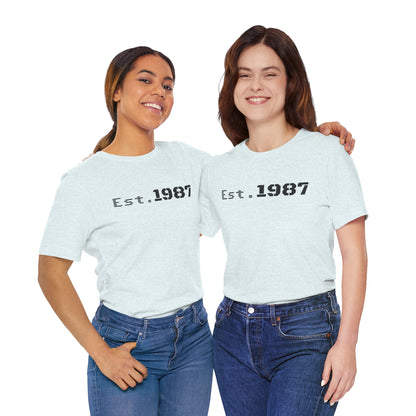 Vintage Est. 1987 T-Shirt by Printify showing a retro-inspired design and casual fit on a white cotton tee.