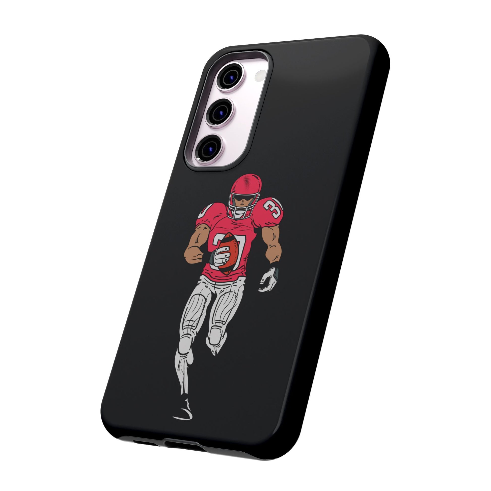 Black football player tough phone case for iPhone, protective sports-themed case by Printify with athletic design.