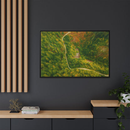 Framed matte canvas wall art featuring a colorful aerial forest path landscape, showcasing vibrant nature scenery.